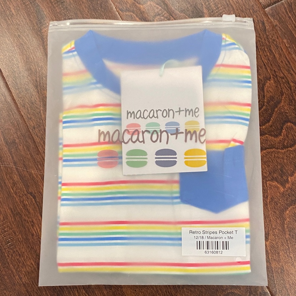 Macaron + Me Bamboo Retro Stripes T-Shirt with Blue Pocket 12-18m NWT